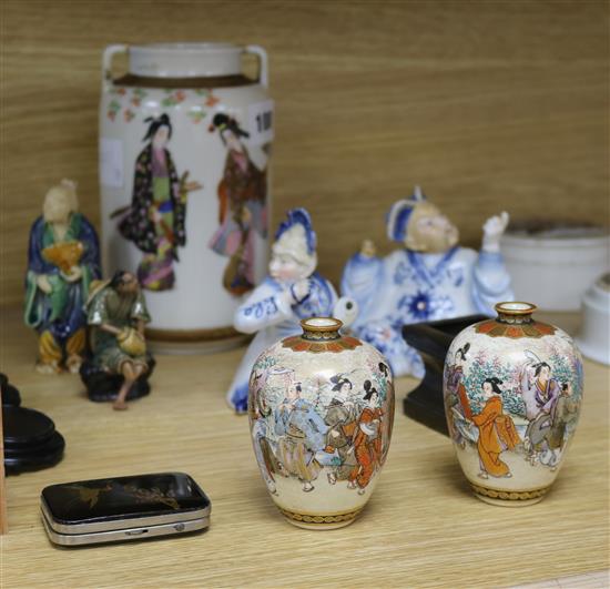 A pair of Satsuma miniature vases, figures, etc.
